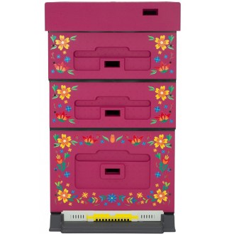 Dadant OPTIMA Hive, varnished (dark pink), printed - flowers, disassembled